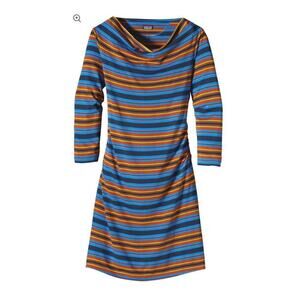 Patagonia Kamala Cowl neckline Dress,  medium , multi color stripes; 3/4 sleeves
